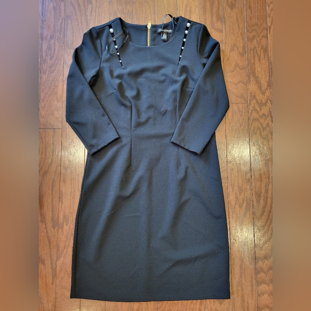 Nina Leonard Black 3/4 Sleeve Beaded Cut Out Zip Up Casual Dress Women's Small